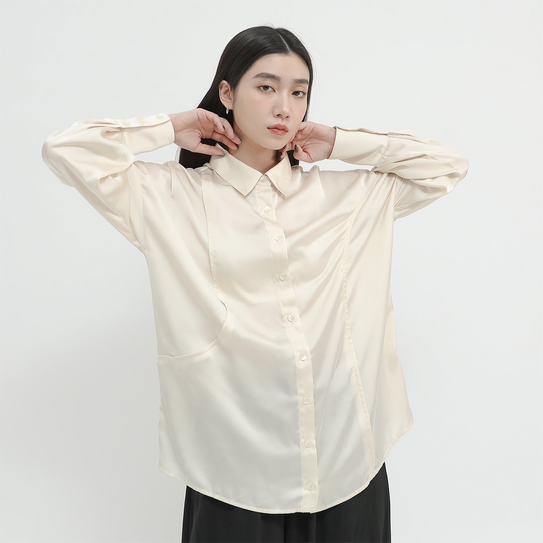 Zhilan_芝兰剪接衬衫_23AF010_米 - 女装上衣 - 聚酯纤维 白色
