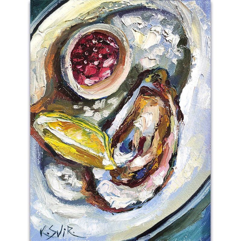 Oysters Painting Still Life Original Art Seafood Painting Oil Impasto Wall Art - 海报/装饰画/版画 - 其他材质 多色