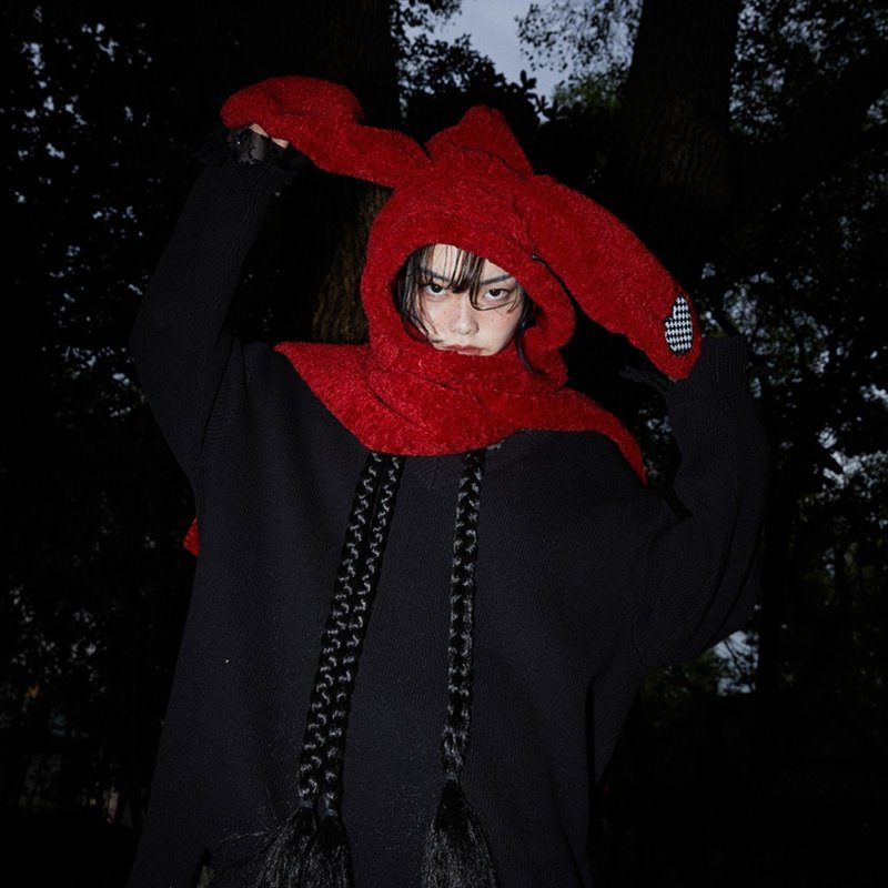 【聖誕】兔兔耳朵帽子圍巾壹體保暖 - 其他 - 羊毛 红色