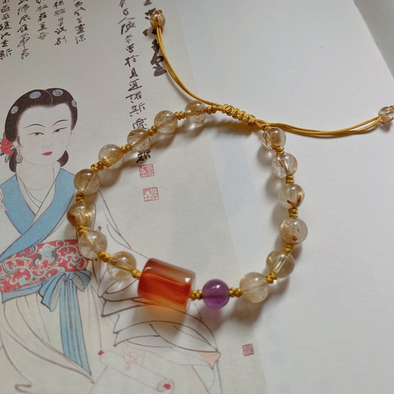 手作 金雁城。天然钛晶复古编织手链 玛瑙桶珠紫水晶手绳中式禅意 - 手链/手环 - 水晶 金色
