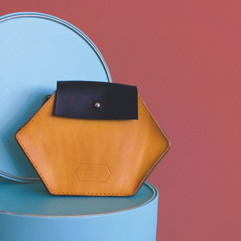 六边形玩味配色皮革单肩包 - 手拿包 - 真皮 黄色