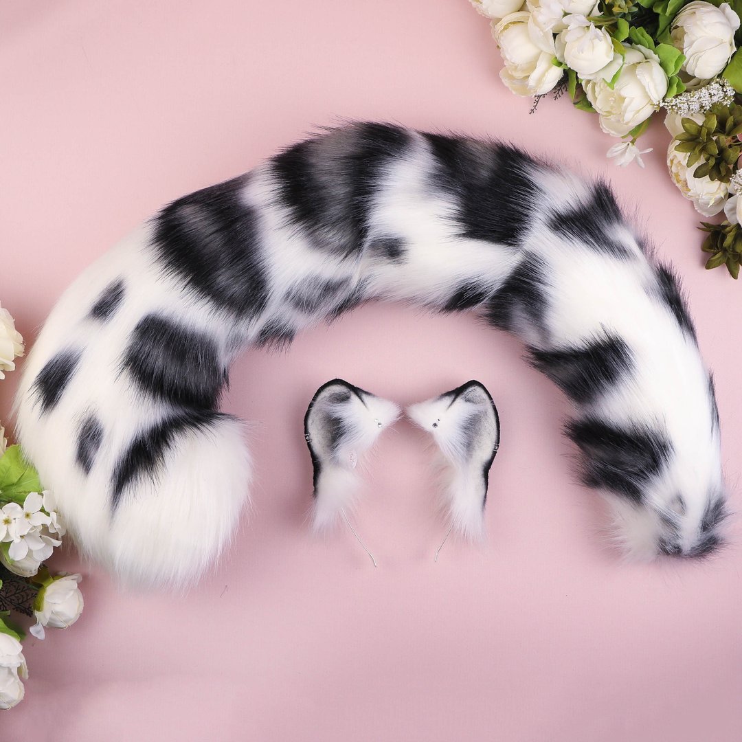 Realistic Snow Leopard Ears and Tail Set Faux Fur Ears and Tail Set - 发饰 - 其他人造纤维 白色