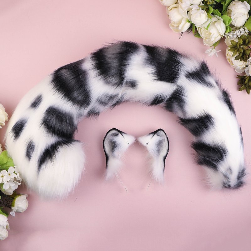 Realistic Snow Leopard Ears and Tail Set Faux Fur Ears and Tail Set - 发饰 - 其他人造纤维 白色