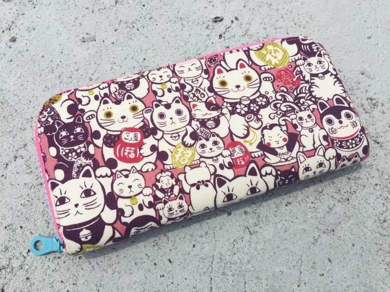 卡哇依招财猫｜双层票卡长夹｜钱包 - 皮夹/钱包 - 棉．麻 粉红色