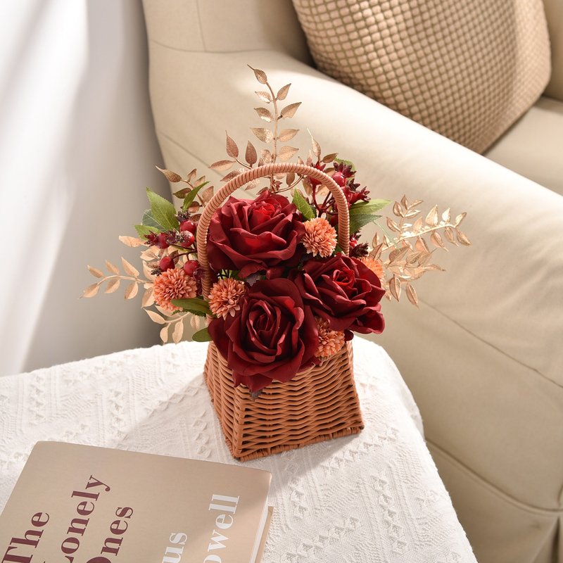 【Meric Garden】红玫金灿 开幕祝贺仿真花篮 - 干燥花/捧花 - 聚酯纤维 红色