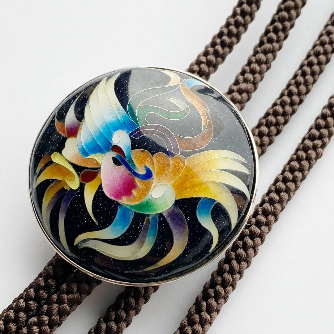 Phoenix Black Cloisonne Ware Loop Tie Bolotie Pure Silver Wired Cloisonne Silk String Bolotie - 领带/领带夹 - 其他材质 黑色