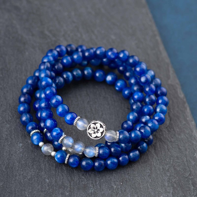 蓝晶石念珠手链 | 925纯银拉长石 | 定制化天然水晶108佛珠手链 - 手链/手环 - 水晶 蓝色