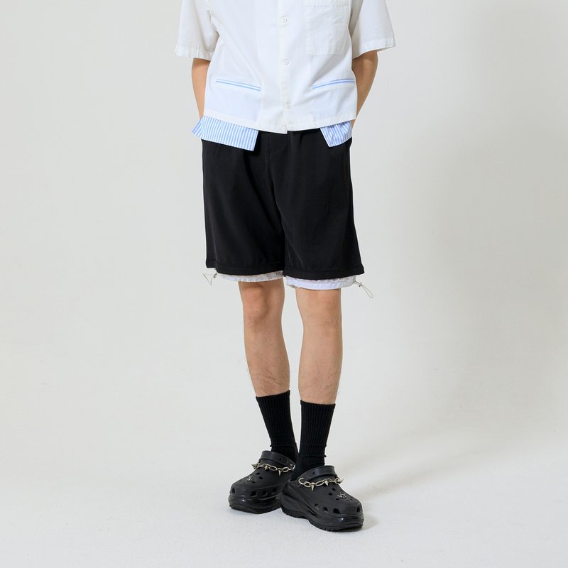 异材质抽绳下摆短裤 - 男士短裤 - 聚酯纤维 黑色