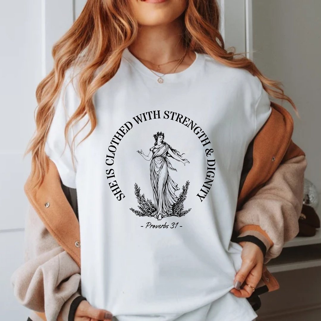 She is Clothed With Strength 箴言31:25 圣经金句 中性短上衣 - 女装 T 恤 - 棉 白色