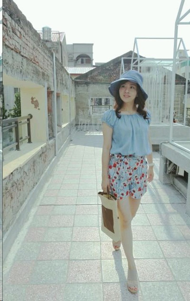 layoo 来哟│经典气质淑女帽 浅牛仔色滚边蓝格纹 - 帽子 - 棉．麻 蓝色