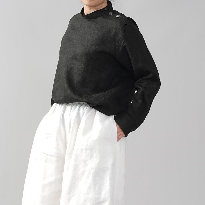 wafu - 純亞麻上衣 Midweight Linen Button-shoulder Top / Black t019b-bck2 - 女装上衣 - 亚麻 黑色