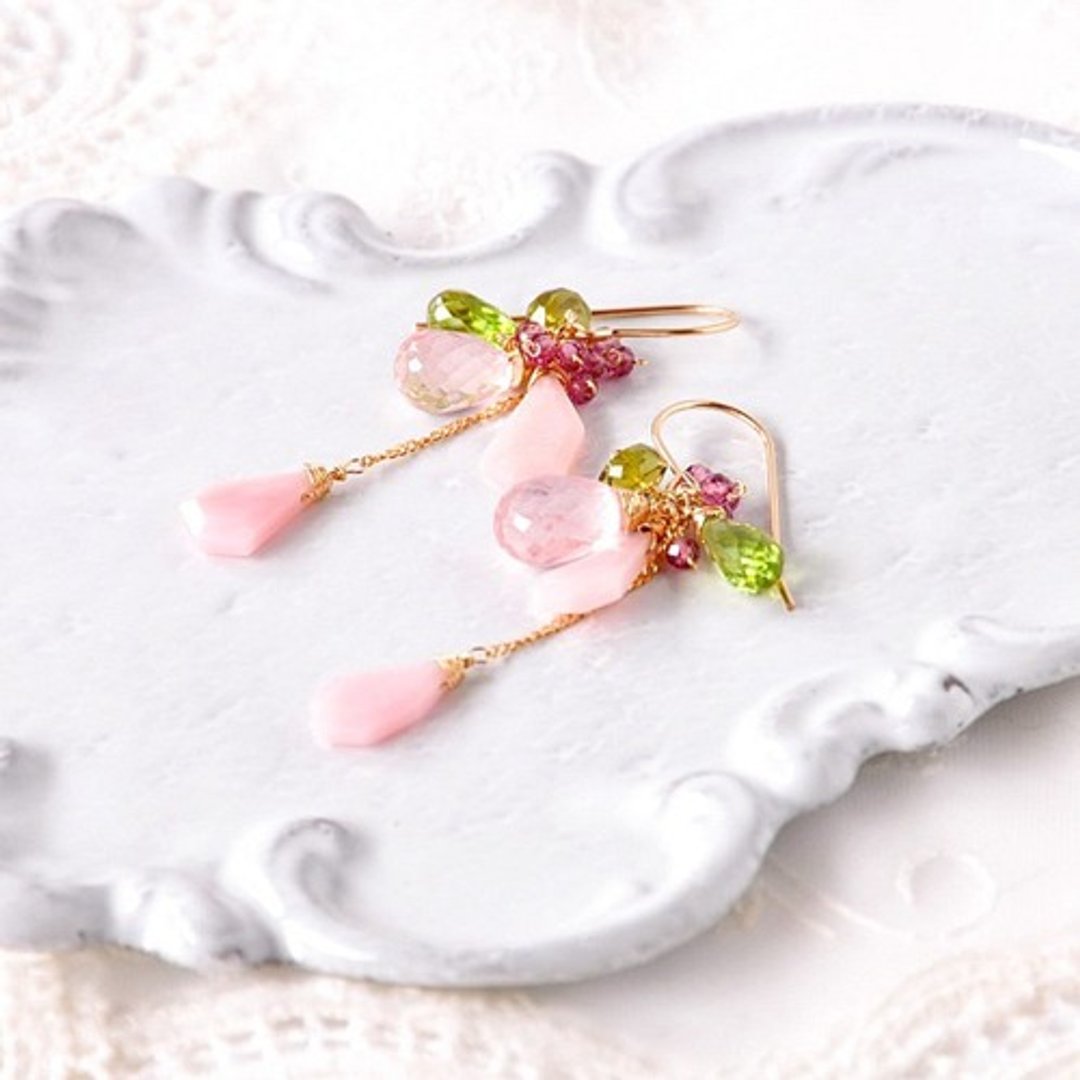 14kgf/pink opal x rose quartz earrings - 耳环/耳夹 - 宝石 