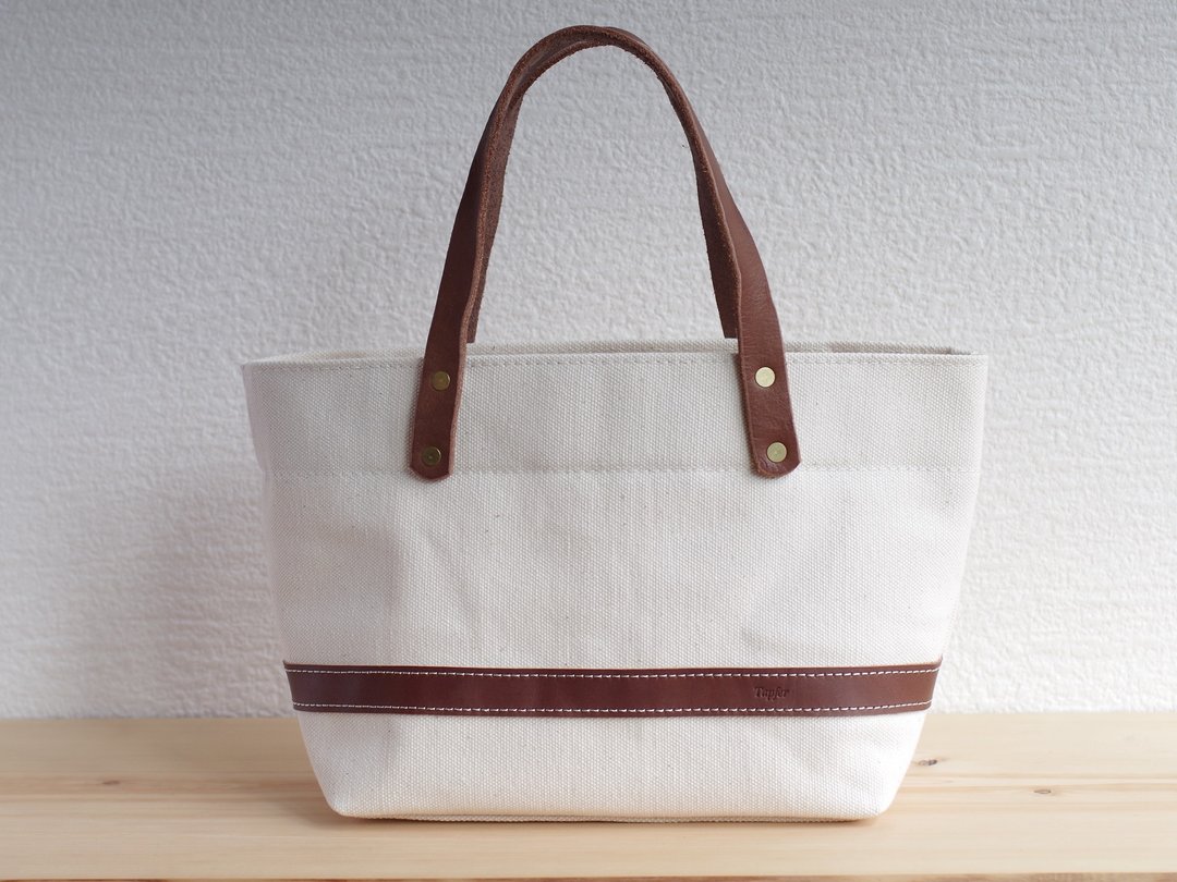 Leather handle canvas tote bag Small - 手提包/手提袋 - 棉 白色