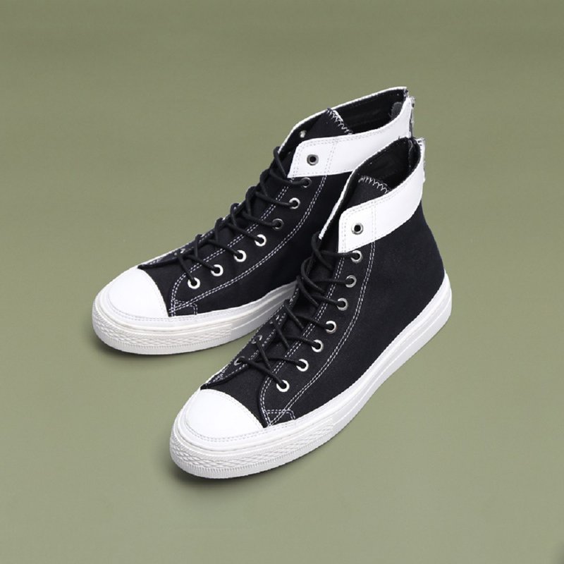 夏季黑色高帮帆布鞋 后拉链休闲板鞋 - 男款休闲鞋 - 聚酯纤维 黑色