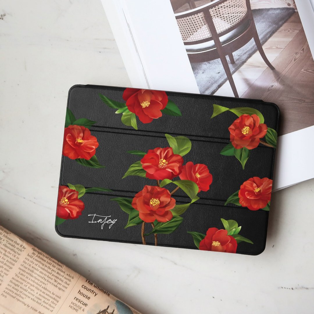iPad case 12.9/Air5/iPad 9/mini 7 优雅山茶花 皮革平板保护套 - 平板/电脑保护壳 - 其他材质 黑色