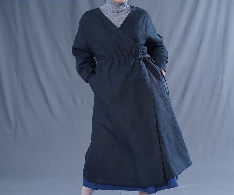 wafu 純亞麻洋裝 Linen cache coeur design dress / long sleeve / light black a005e-ibg2 - 洋装/连衣裙 - 亚麻 黑色