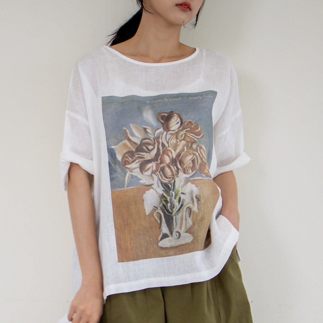 亚麻圆领印画 T ( 花儿 ) 白 F - 女装 T 恤 - 棉．麻 白色