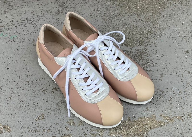 【樱花色限定新色】EMA经典设计运动鞋／粉嫩米色／亮片银 - 女款休闲鞋 - 真皮 粉红色