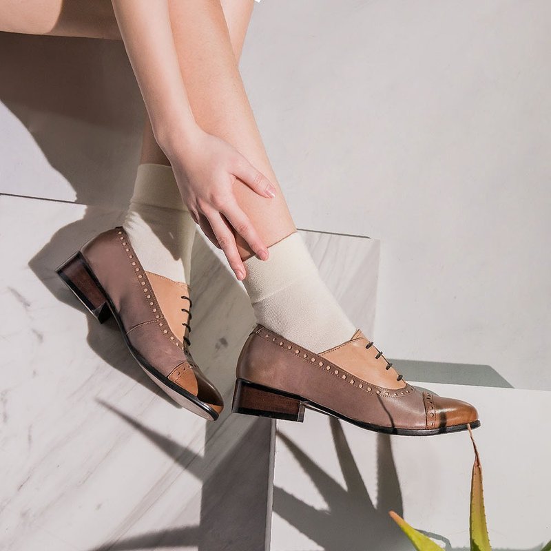 e cho·V字鞋口全翼纹拼接牛津鞋ec33褐拼 - 女款牛津鞋/乐福鞋 - 真皮 咖啡色