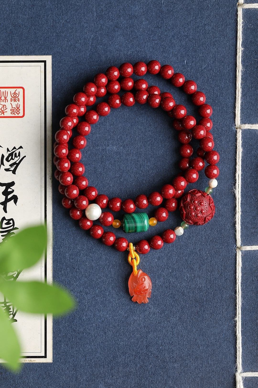 天然原矿朱砂精品紫金砂三圈手链含量95%以上6mm - 手链/手环 - 宝石 