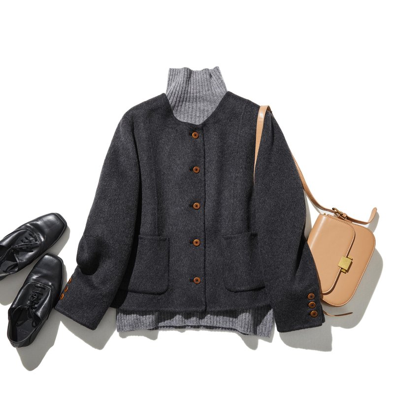 简约时尚双面羊毛大衣 羊毛混纺短版外套 深灰色 250201-3 - 女装西装外套/风衣 - 羊毛 