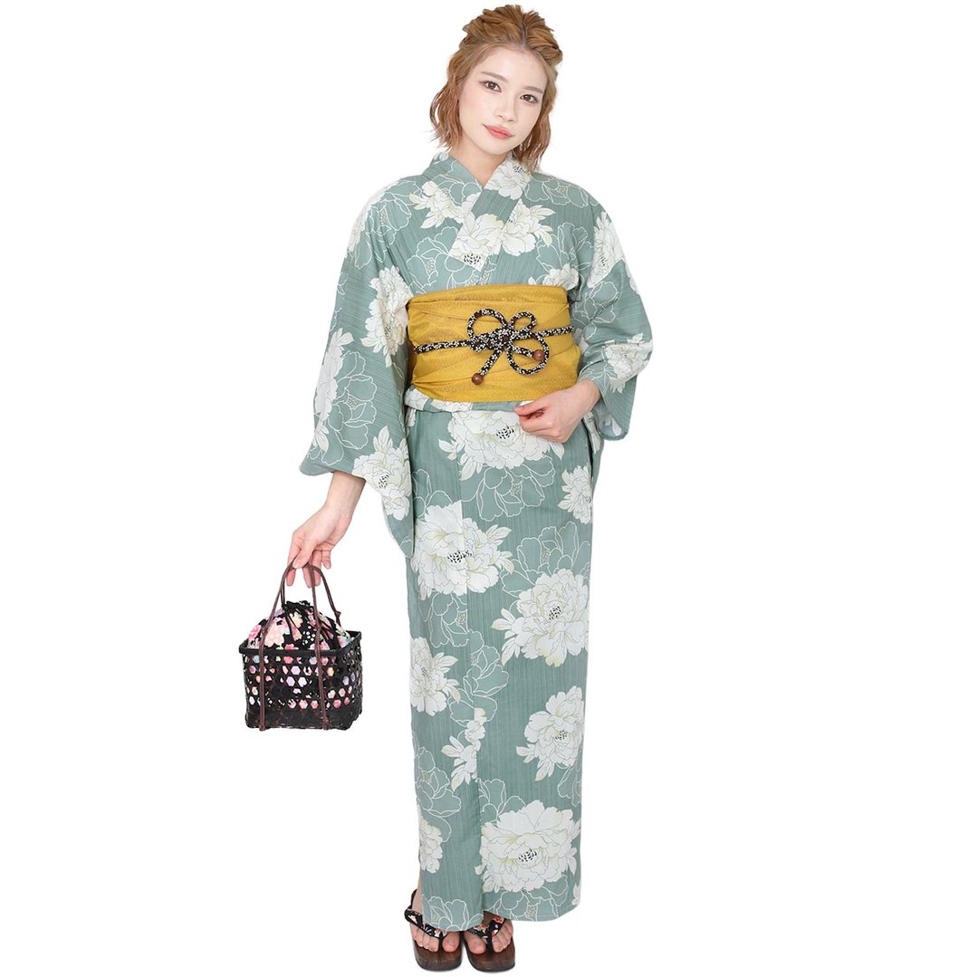 日本 和服 浴衣 女性 浴衣 腰封 2 件组 S/F Size x50S/F-10 - 其他 - 棉．麻 绿色