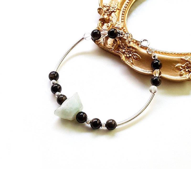 开运启福系列-招财进宝 元宝缅甸玉白底青x金曜石x白水晶纯银手链 - 手链/手环 - 玉石 多色