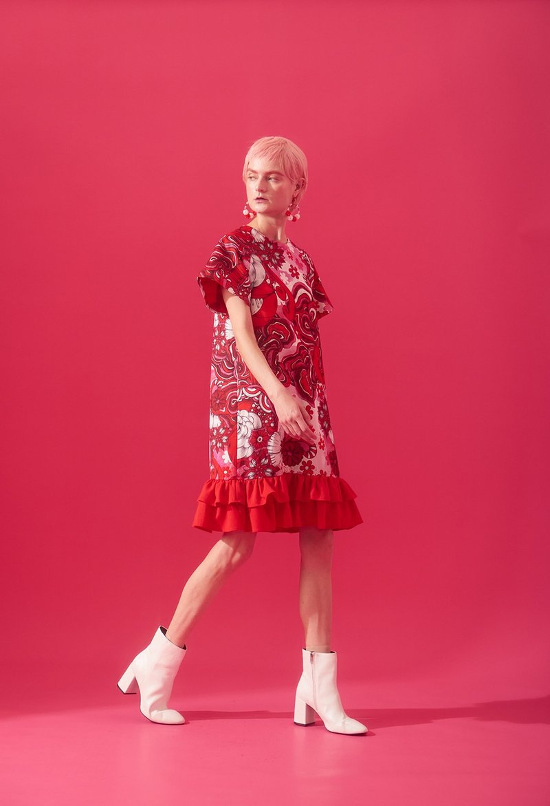 红色花朵图案短袖荷叶边短裙 - 洋装/连衣裙 - 聚酯纤维 红色