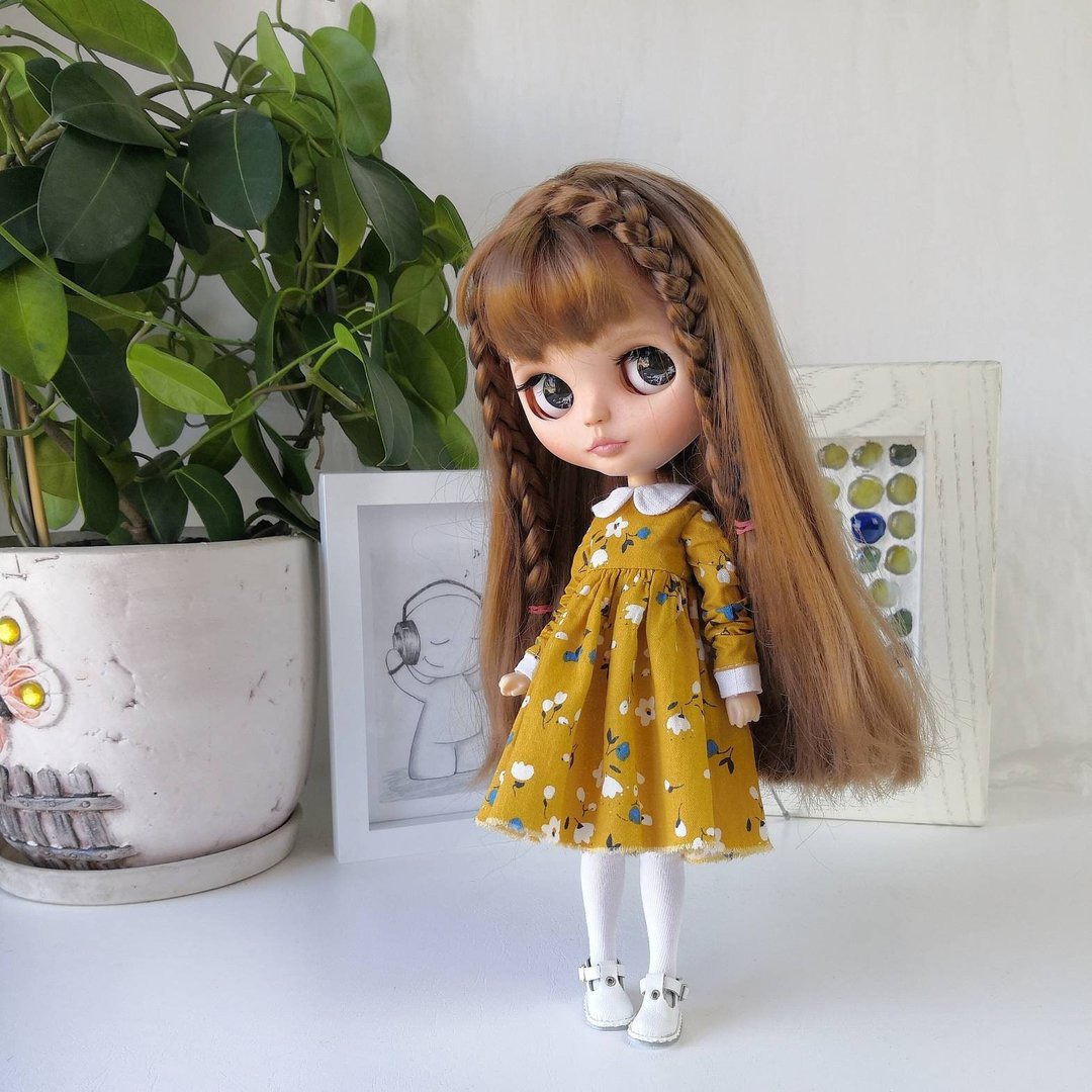 Mustard dress flowers Blythe doll. Outfit Blythe doll. Clothes Blythe doll - 玩偶/公仔 - 棉．麻 