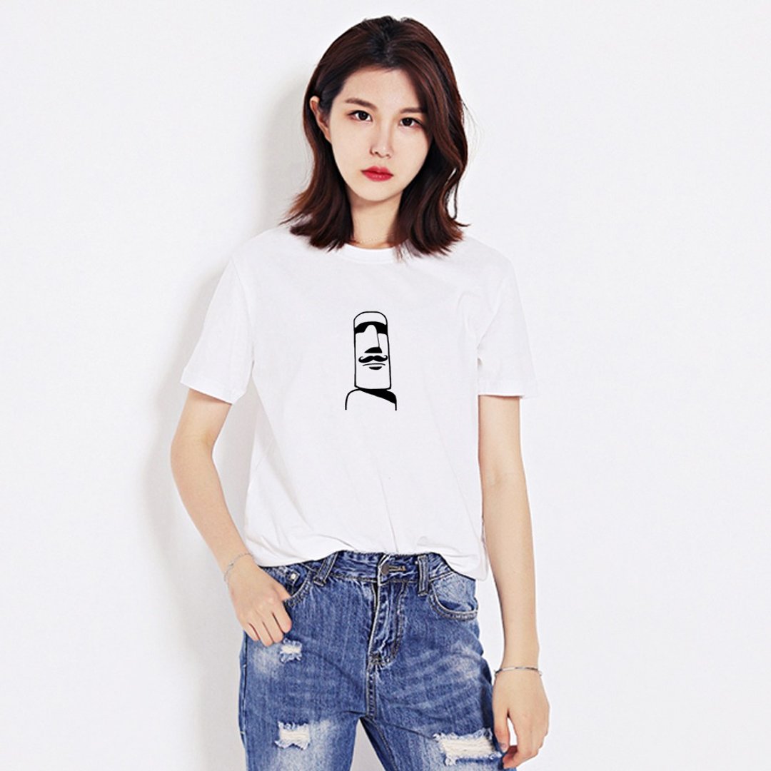 摩艾 胡子 Moai 男女短袖T恤 白色 原创 插画 图T 复活节岛 石像 - 女装 T 恤 - 棉．麻 白色