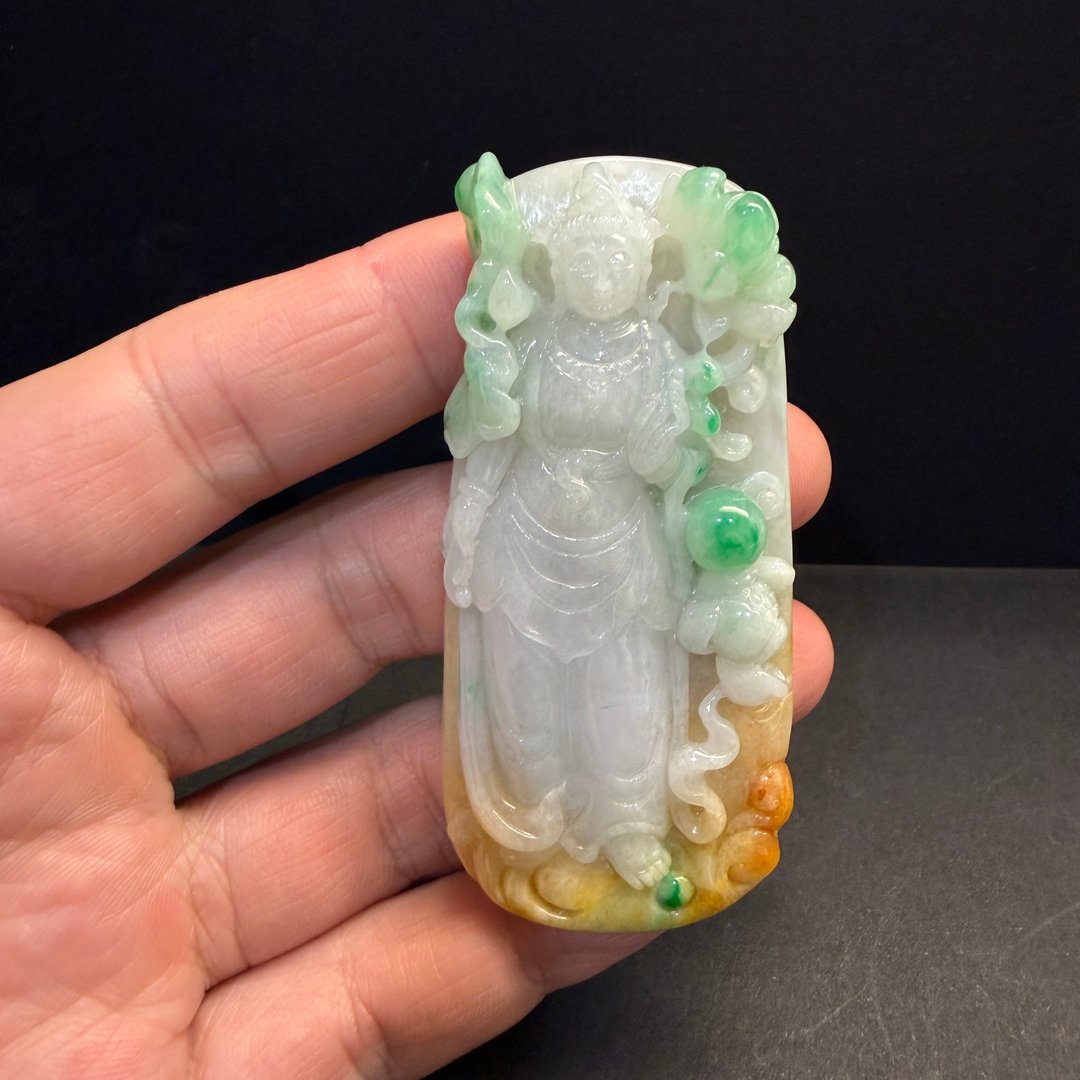 瀚玉珠宝 天然缅甸产翡翠 三彩观音 翡翠观音玉牌 黄加绿 老三彩 - 其他 - 玉石 