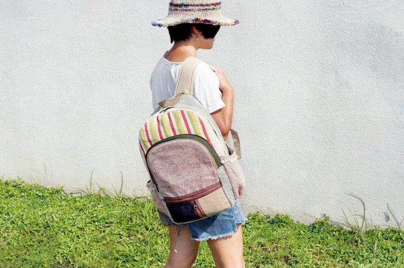 情人节礼物 快速到货 限量一件 手工棉麻拼接设计后背包 / 肩背包 / 民族登山包 / 拼布包 - 牙买加色调 民族风旅行后背包 - 后背包/双肩包 - 棉．麻 多色