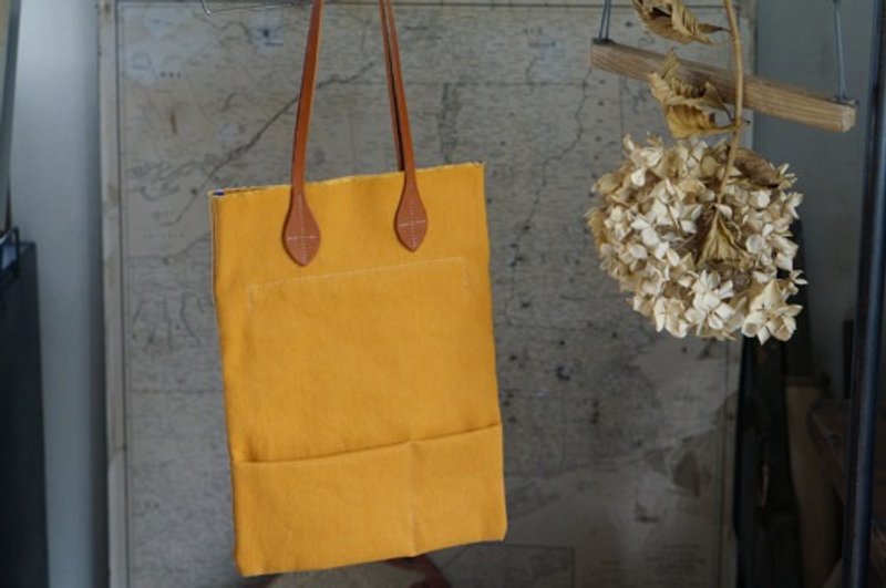 Linen x cotton natural HANPU canvas petanko vertical tote # yellow - 手提包/手提袋 - 真皮 