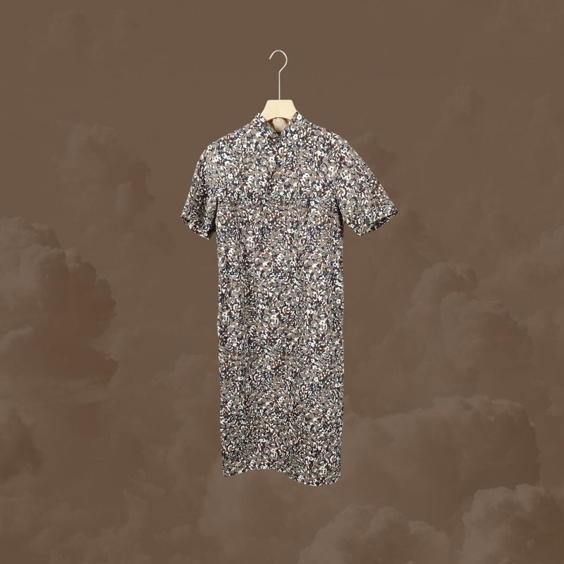 二手 深蓝白 米卡其 碎花 古董订制 短袖 旗袍 CA1125 - 洋装/连衣裙 - 聚酯纤维 多色