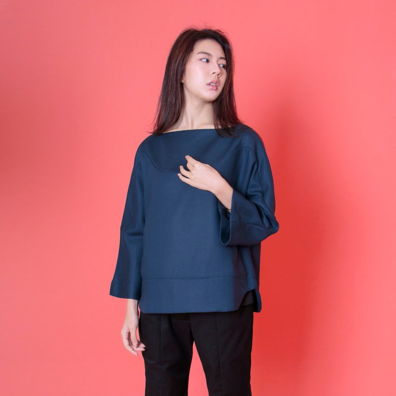 波浪剪接平领上衣 深蓝 - 女装上衣 - 棉．麻 蓝色