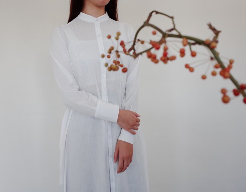 排扣式薄棉洋装-白 - 洋装/连衣裙 - 棉．麻 白色