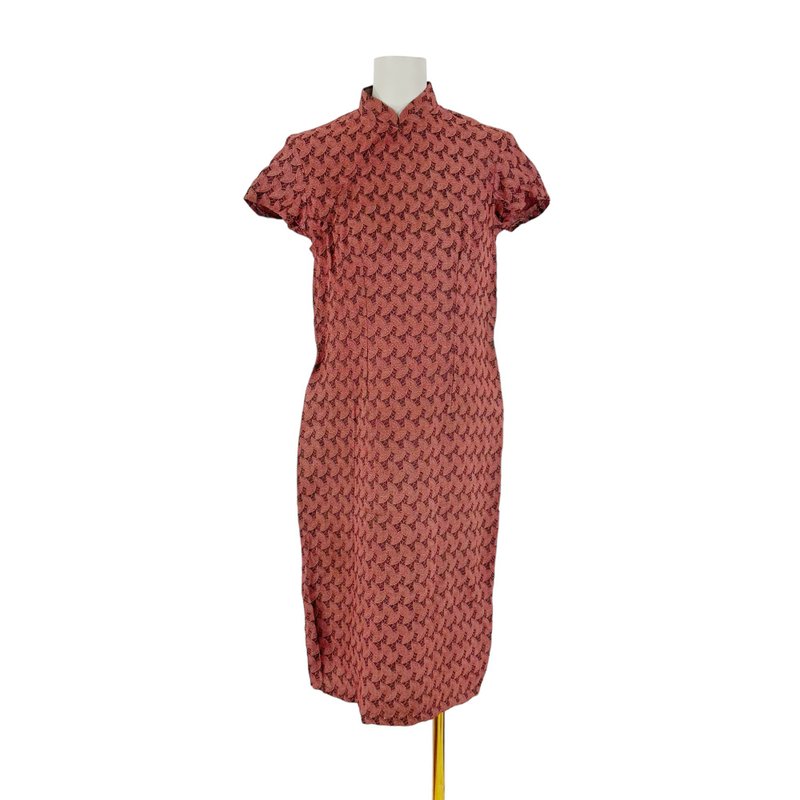 二手 咖啡红色 织纹 微透光 轻薄 古董订制 旗袍 OPF329 - 洋装/连衣裙 - 聚酯纤维 红色