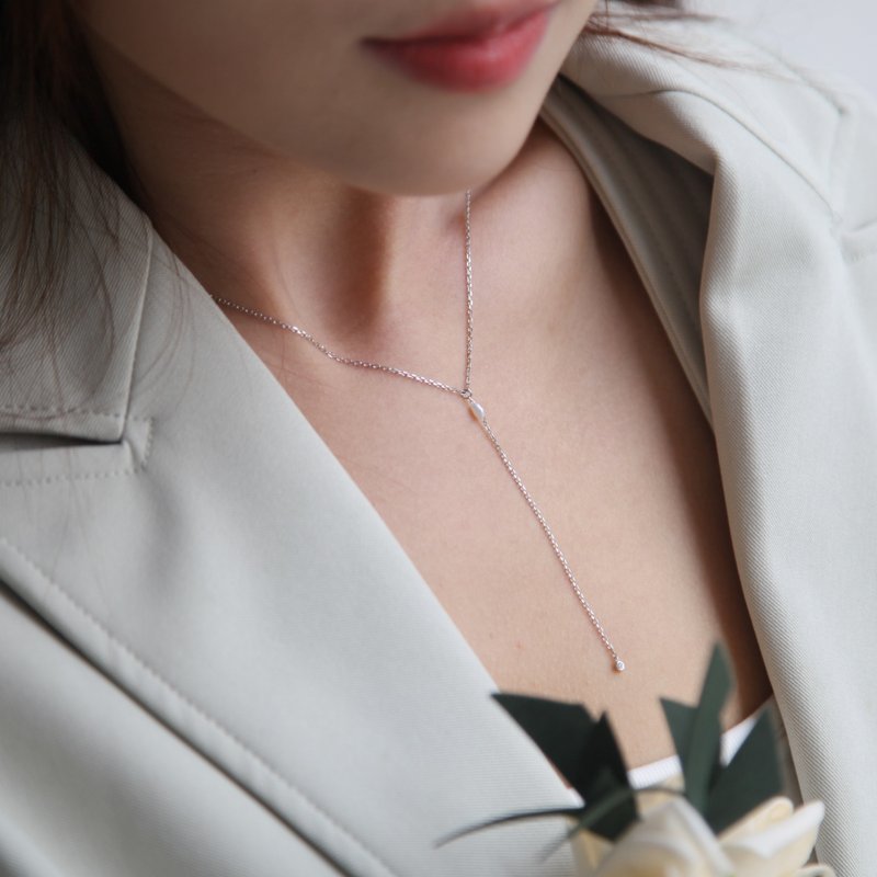 米粒珍珠Y字长链 | 天然珍珠。气质纯银。两色可选 - 项链 - 纯银 