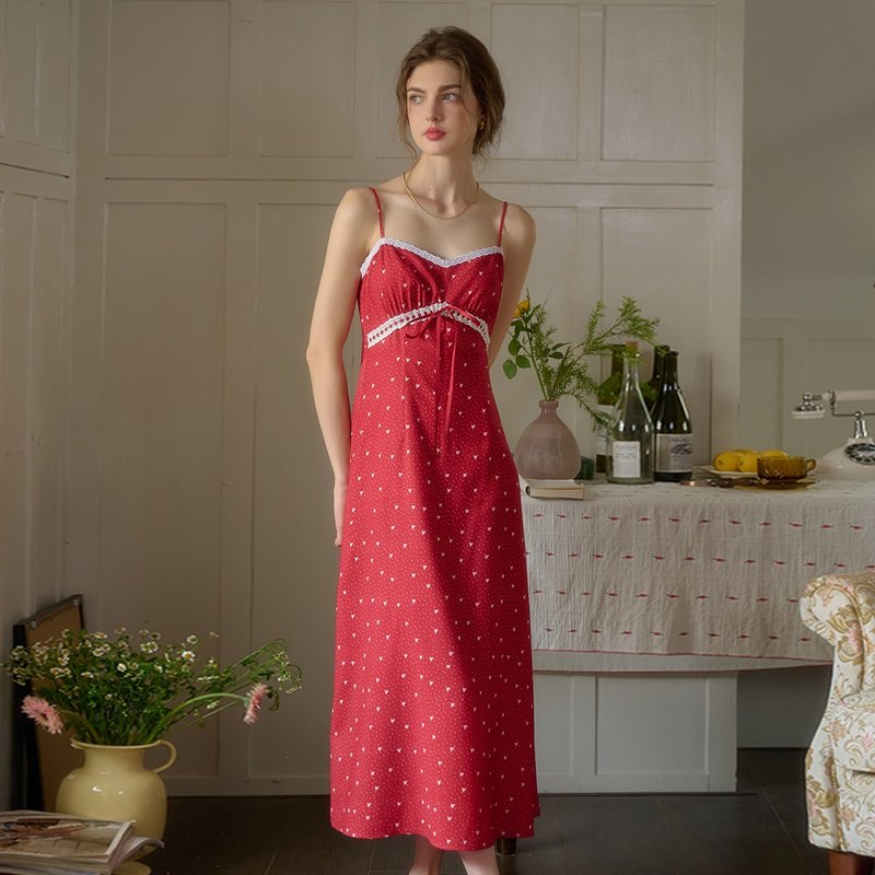 Gwendolyn 优雅红色波点系带吊帶洋裝 - 洋装/连衣裙 - 聚酯纤维 红色