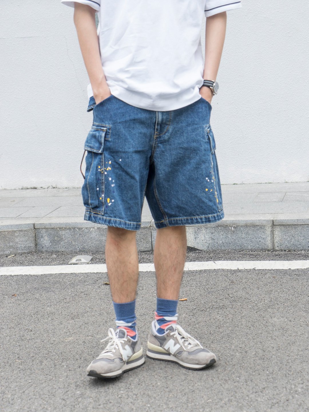 Denim Shorts 日系潮流工裝牛仔短褲 潑墨口袋設計休閒短褲 - 男士长裤 - 棉 蓝色