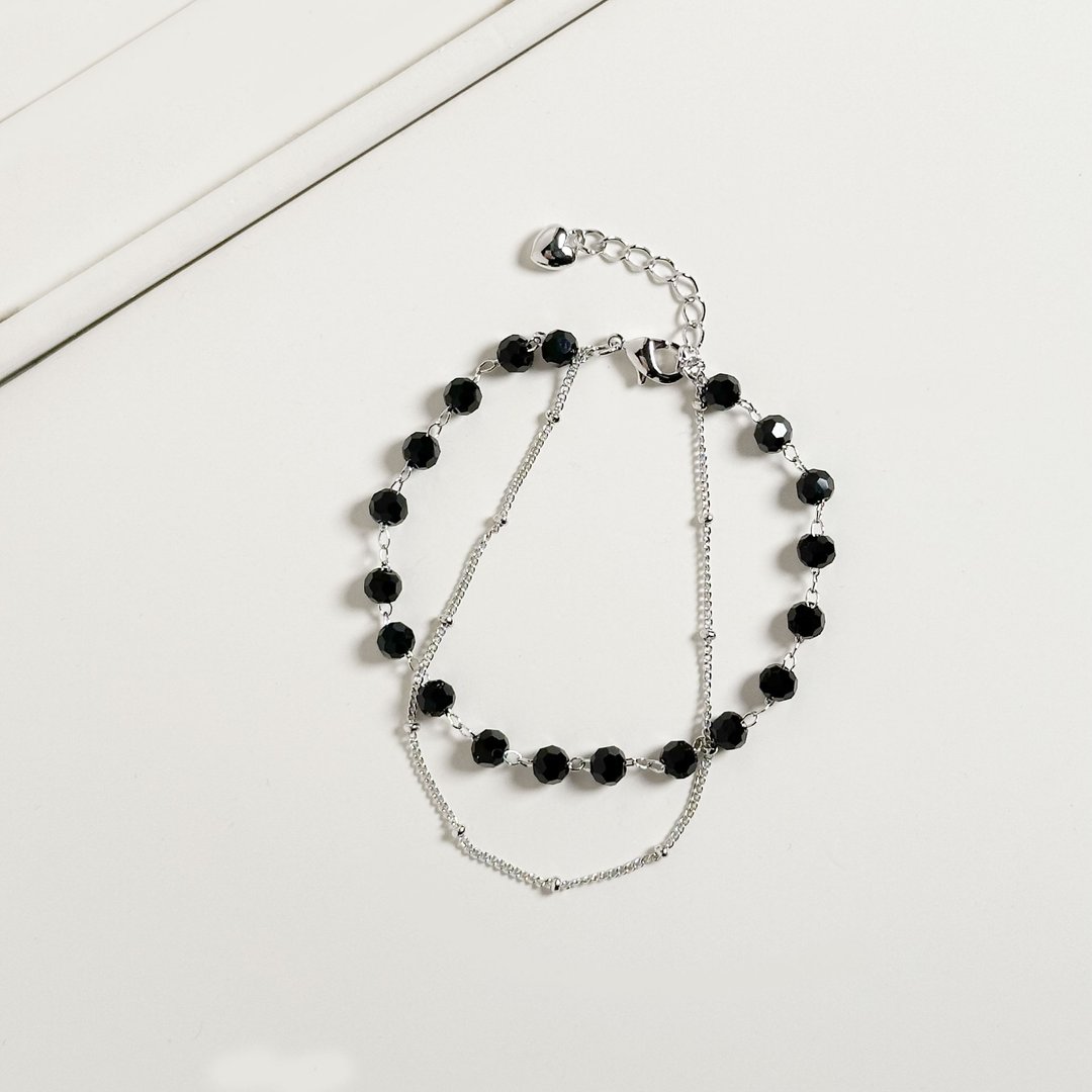 简约黑色串珠双链手链/质感 轻奢 银色 黄铜饰品 轻珠宝 - 手链/手环 - 铜/黄铜 黑色