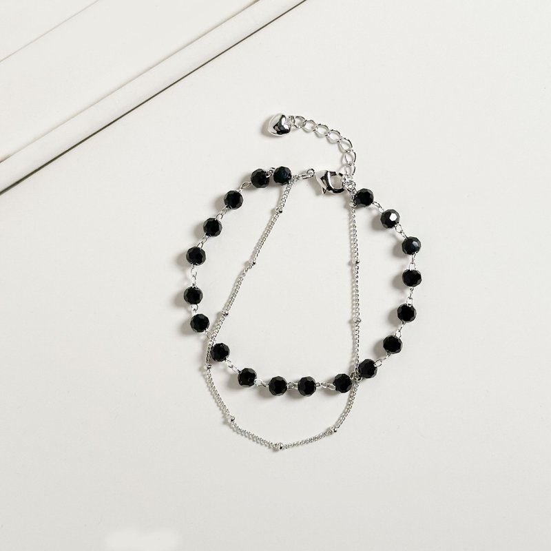 简约黑色串珠双链手链/质感 轻奢 银色 黄铜饰品 轻珠宝 - 手链/手环 - 铜/黄铜 黑色