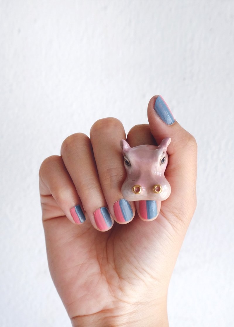 Happy Hippo Ring Ring, Safari, Hippopotamus, Cute ring - 戒指 - 铜/黄铜 粉红色