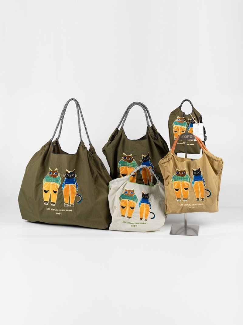 EOFO环保袋情侣猫文艺购物袋大容量简约百搭手提创意潮酷通勤包 - 手提包/手提袋 - 聚酯纤维 卡其色