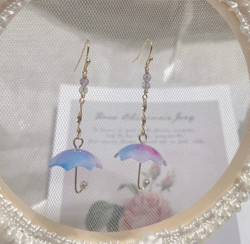 超可爱彩色雨伞造型耳环搭配紫水晶切角水晶/14K保色水晶耳环 - 耳环/耳夹 - 其他金属 