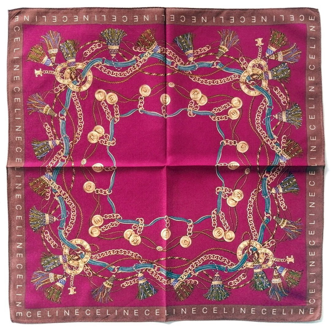 Celine Paris 古董手帕 - 锁链与流苏标志边框印花 23 x 22 - 手帕/方巾 - 棉 红色