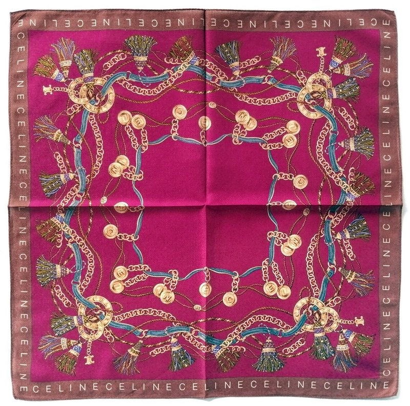Celine Paris 古董手帕 - 锁链与流苏标志边框印花 23 x 22 - 手帕/方巾 - 棉．麻 红色
