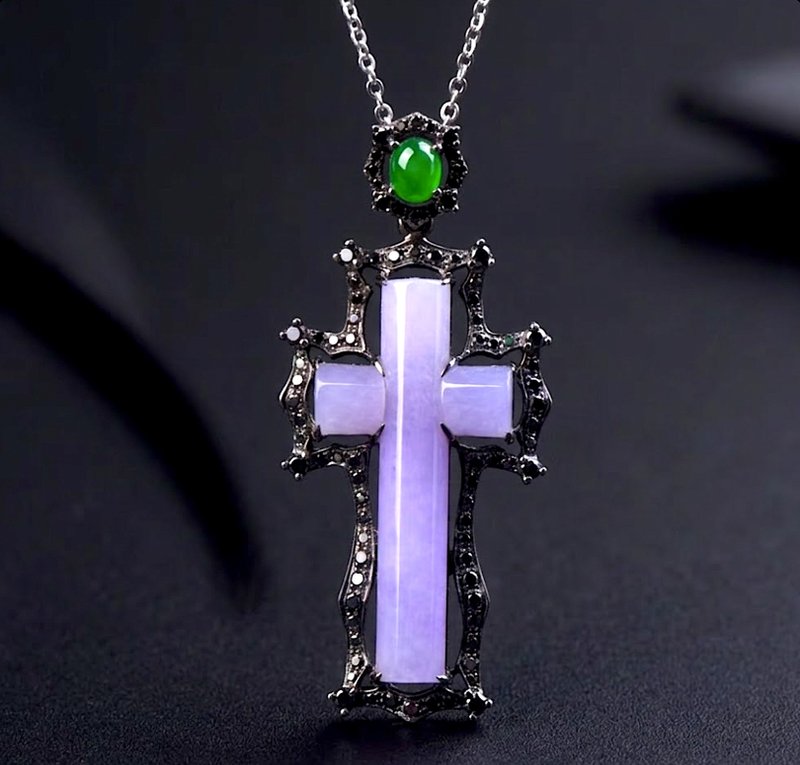 冰种紫罗兰翡翠十字架项链 18K 金钻石 | 天然缅甸玉翡翠 A 货 | 送礼 - 项链 - 玉石 粉红色
