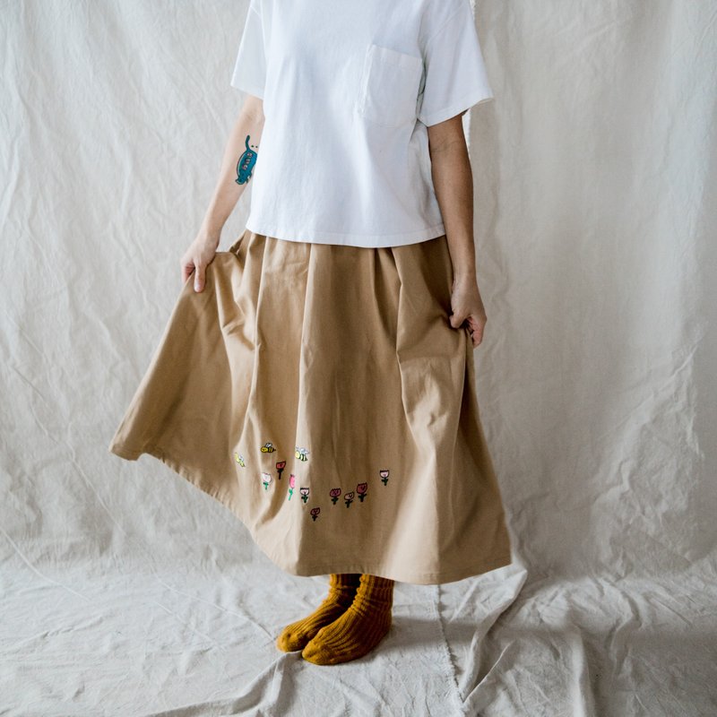 蜜蜂与郁金香 / 口袋抽绳长裙 / 卡其色 - 裙子 - 棉．麻 卡其色