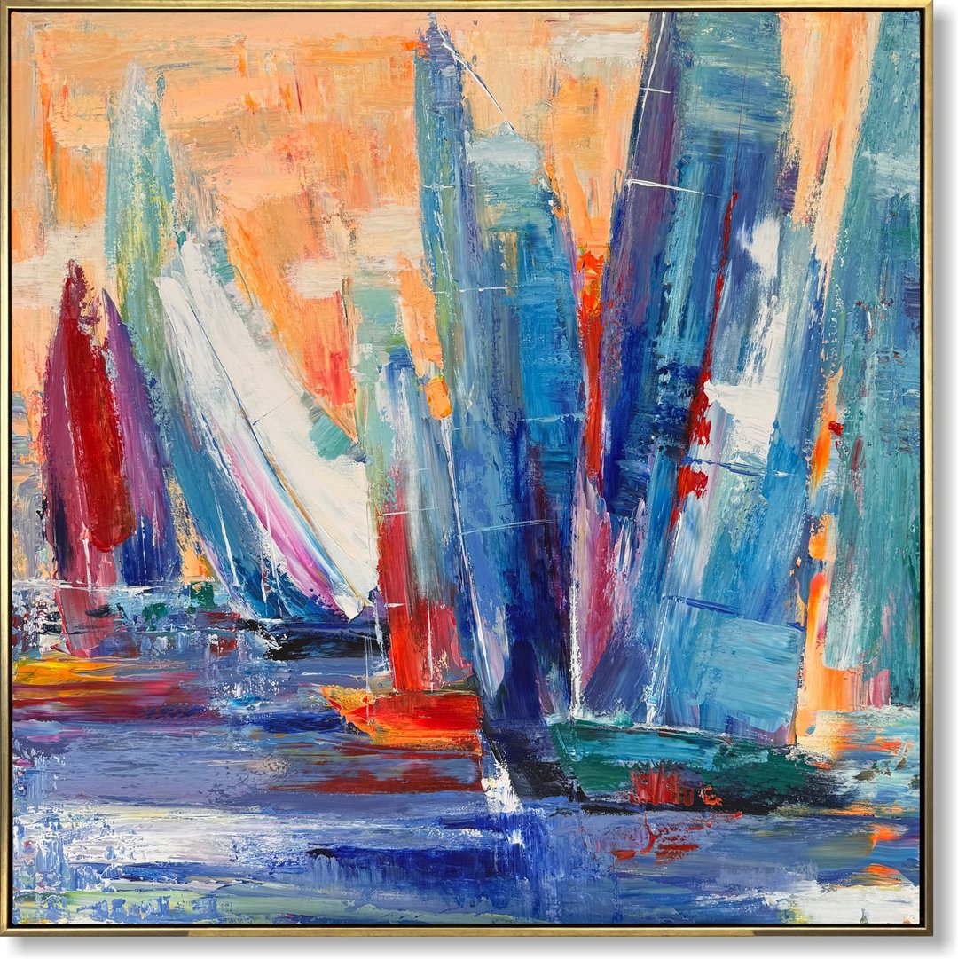 大型抽象彩色海景帆船画，笔触大胆艺术 - 墙贴/壁贴 - 压克力 多色
